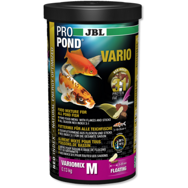 JBL ProPond Vario M - Осн корм д/прудов рыб 10-35 см, плав смесь 5-20 мм, 0,13 кг/1 л