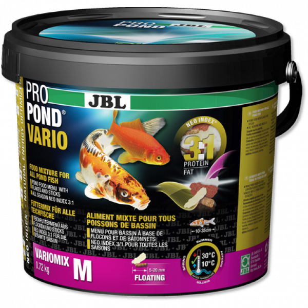 JBL ProPond Vario M - Осн корм д/прудов рыб 10-35 см, плав смесь 5-20 мм, 0,72 кг/5,5 л